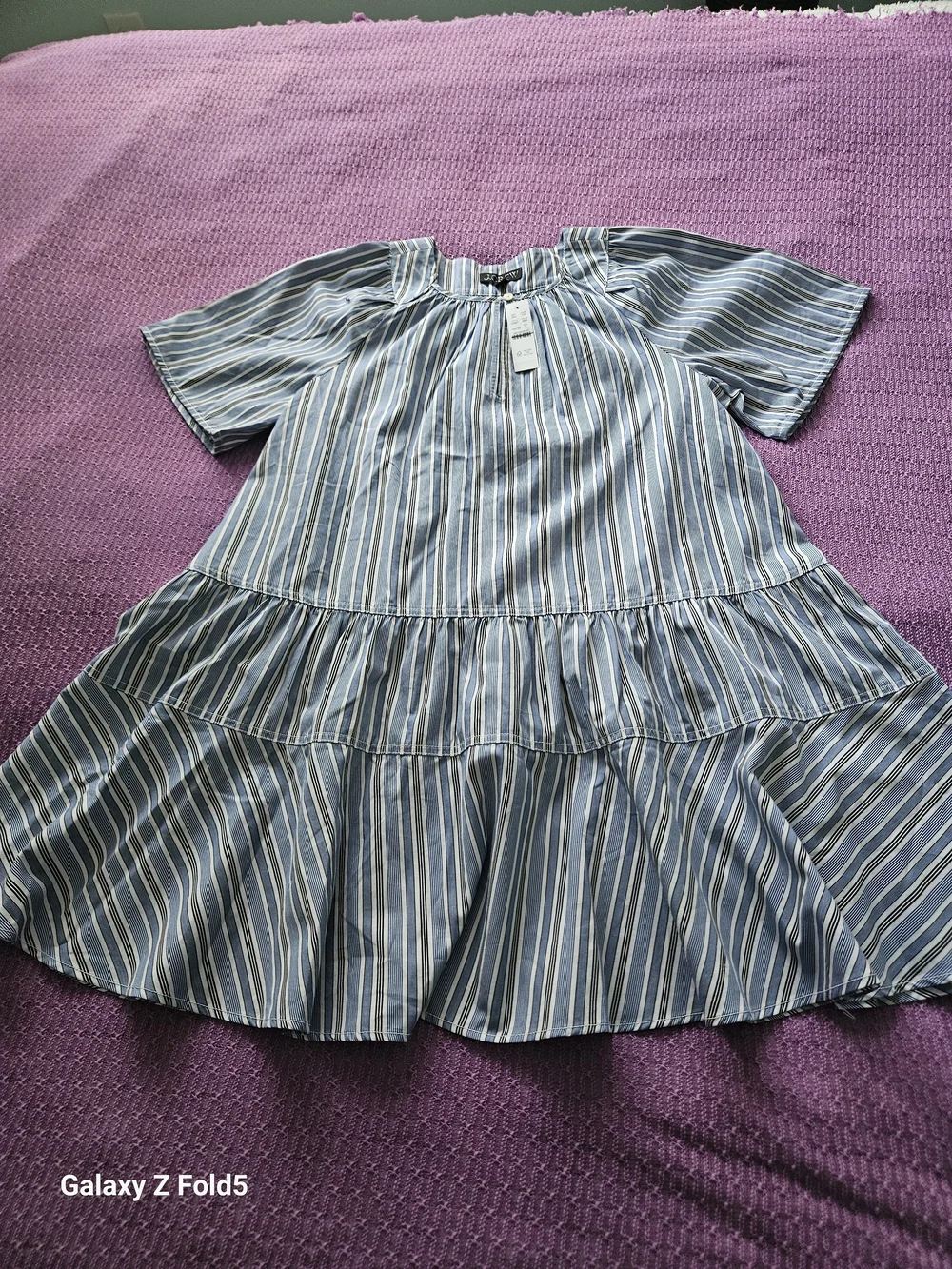 J. Crew Light Blue Striped Short-Sleeve Tiered Mini Dress